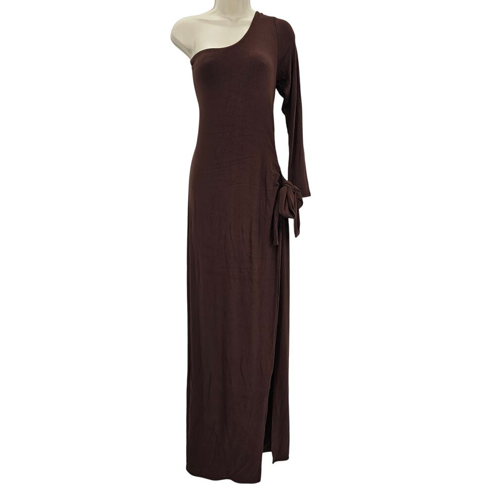Naked Wardrobe Womans size 1X Tall One Shoulder Open Side Maxi Dress Brown NEW